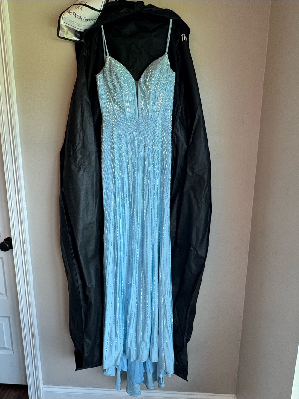 Sherri Hill Light Blue Sparkling Spaghetti-Strap Prom Gown